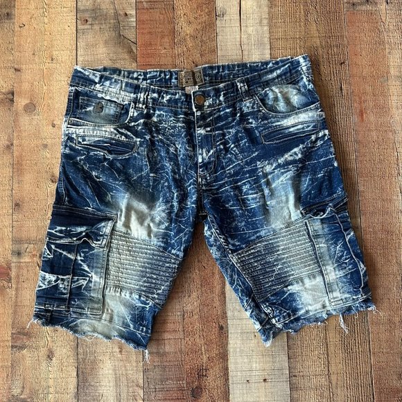 Vintage Style Acid Wash Denim Cargo Shorts Distressed Frayed Hem Waist Sz 36 - Picture 1 of 6